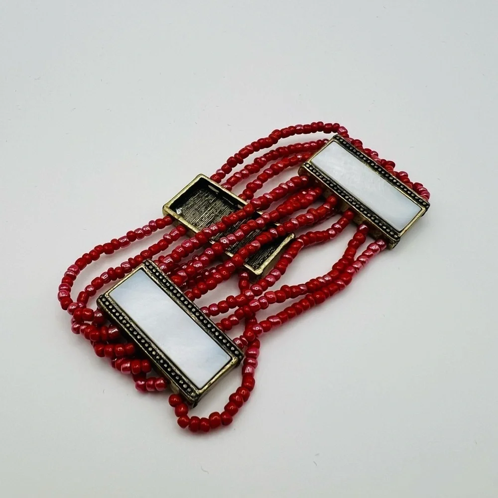 Vintage Red Beaded Stretch Bracelet Mother of Pearl Panels Boho